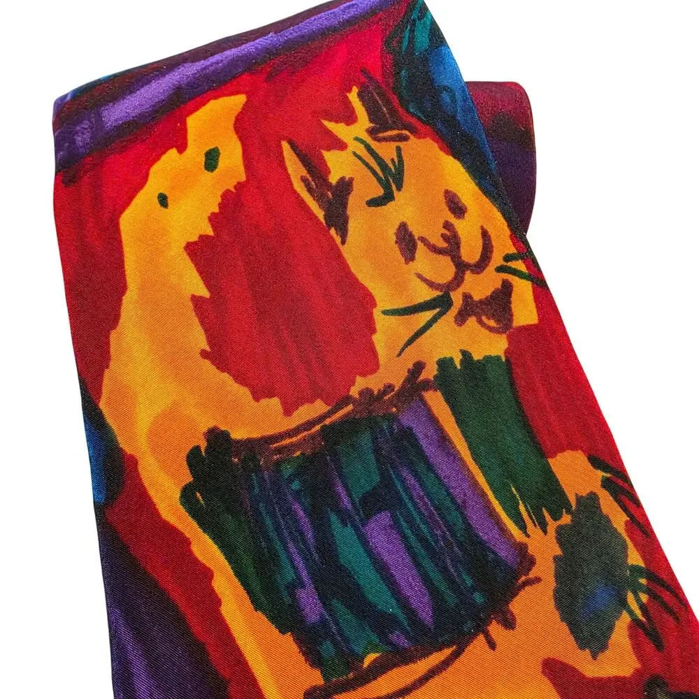Vtg Save the Children Silk Tie Cat 90s Novelty Kid Art Abstract Orange Purple
